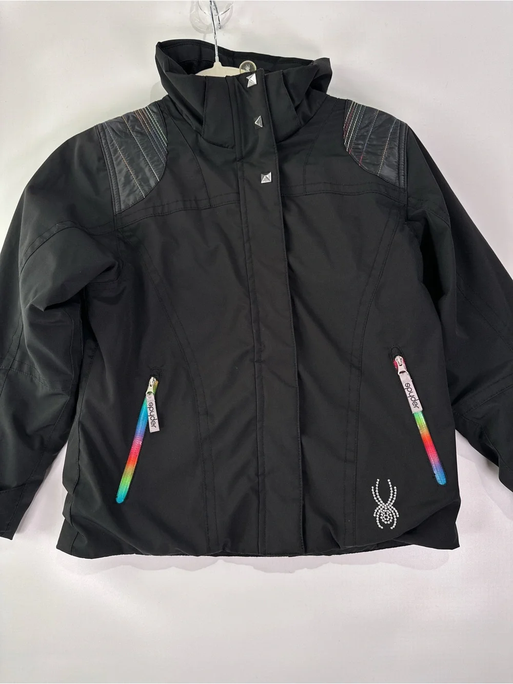 Spyder Girls Ski Jacket Rainbow Zipper Rhinestone Black Size 8